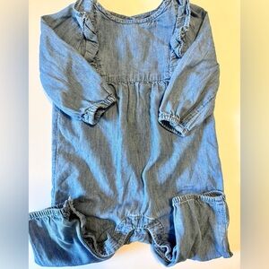 GAP Blue Denim Long-Sleeve Romper with Ruffle Shoulders